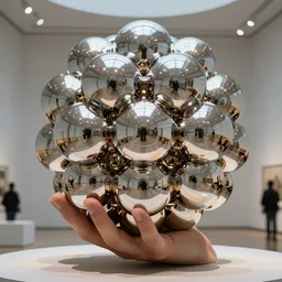 generative design bucky ball structure hand in a museum, modern art installation, bioceramic reflelctive material