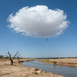 beautiful panorama of many magnificent big upside-down raindrops in a perfect cloudless blue sky above a dried up river, desolate land, dead trees, blue sky, hot and sunny highly-detailed, elegant, dramatic lighting, artstation, 4k, cinematic landscape, masterpiece photograph by Elisabeth Gadd
