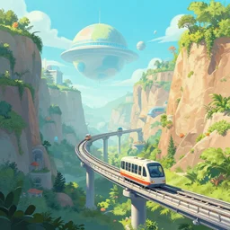a beautiful illustration of a retro futurism elevated railway on another garden canyon world by Robert McCall| sparth:.2 | Time white:.3 | Rodney Mathews:.3 | Graphic Novel, Visual Novel, Colored Pencil, Comic Book:.2