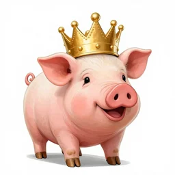 a pig wearing a gold crown in the style of R. K. Laxman