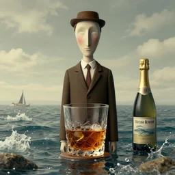 🥃🍾🌊, 3 d, unreal engine 5, octane render, detailed, cinematografic, cinema 4 d, nvidia ray tracing graphics, artstation, greg rutkowski style, style rene magritte, surreal