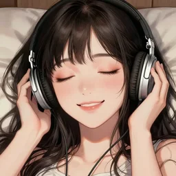 close up portrait of a photorealistic anime girl, absurdly beautiful, gorgeous, youthful, smiling, eyes closed, listening to music on headphones, laying down on a bed, an ultrafine hyperdetailed illustration by loish, ross tran, intricate linework, ambient lighting, global illumination, trending on art station.
