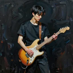 abstract swirly brush strokes painting of a young korean man wearing black t shirt holding a telecaster!!! electric guitar!!, dark background, huge thick flowing dramatic brush strokes, matte colors, abstract, emotional masterpiece, impressionist, trending on artstation