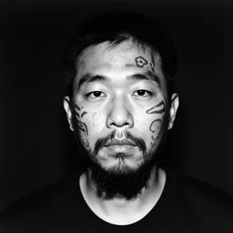 grizzled young chinese man with tribal face tattoos and facial hair, black & white, richard avedon, 5 0 mm, grainy, low light