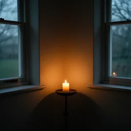 a shadowy candle lit in the middle of the room with windows on either side.