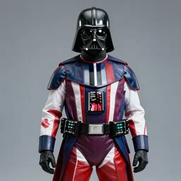 death vader wearing a red white and blue suit