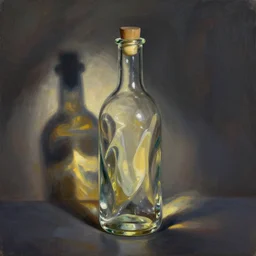 oil painting innovative glass bottle, handmade, in cinematic light, strong shadows, dramatic setting and very very very very beautiful masterpiece, light reflection, light refraction, transparent glass