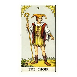an occult tarot card, the fool who is a madman holding a staff and a white flower, clever design, ornate art nouveau border, minimal, flat colors, playing card, by hannah hoch and jesse treece and christian jackson and josh brill