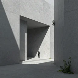 brutalist architechture, Japanese minimalism, shadowplay, a person, grey tones, vegetation creeping in, surreal, depth, 3D model, ultra sharp, height perspective, depth, 8k, futuristic, textured