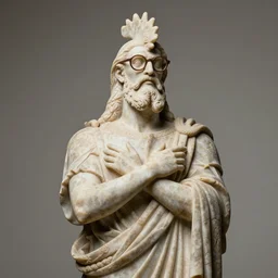 powerful rooster statue in glasses with crossed hands, looks like ancient philosopher, ancient statue style