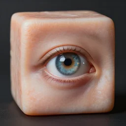 ultra realistic cube made out of human skin, single big human eye coming out of the skin cube