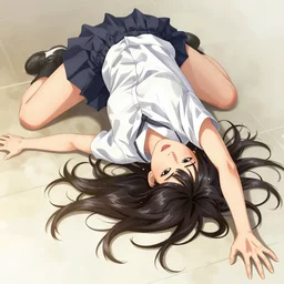 woman trying to get up from the floor, straining, exhausted from battle, long shot, highly detailed, digital art, by kentaro miura