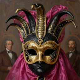hyper realistic painting of bird venetian mask, black snake texture, gold and black ornaments, flowing magenta fabric, intrincate detail, detailed faces by wayne barlowe, gustav moreau, goward, gaston bussiere and roberto ferri, santiago caruso, and austin osman spare, bouguereau, alphonse mucha, saturno butto,