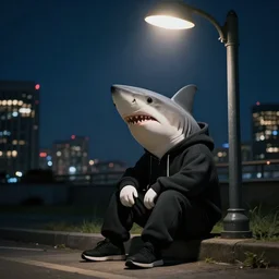 anthropomorphic great white shark wearing a black hoodie and pants at night sitting alone underneath a single street light with a city of lights in the background