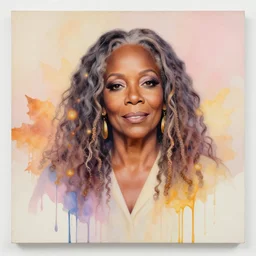whoopi goldberg by agnes cecile, luminous design, pastel colours, ink drips, autumn lights