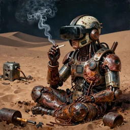 junkys in desert stained in oil poui and smoking cigarette, cybertronic gadgets and vr helmet, flesh + technology, durty colours, night, rotten textures, rusty shapes, biotechnology, bao phan, norman rockwell, tim hildebrandt, wayne barlow, bruce pennington, larry elmore, oil on canvas, deep depth field, masterpiece, cinematic composition, hyper - detailed, hd, hdr
