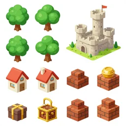 HD, 8k, antialized, props containing trees, houses, box, treasures, bricks, castle, from a game asset concept by Jen Zee, Rossdraws, James Jean, Andrei Riabovitchev, 2d side scrolling game , and Sakimichan, trending on artstation , assets