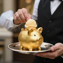 a golden piggelin ice cream served on a silver plate by a butler, professional photograph, canon eos