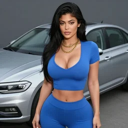 Kylie Jenner big bust wearing a blue crop top with big cleavage with golden chains around her neck, full body shot, mk6 silver vw Jetta nearby, Realistic, 4k Resolution, 8k Resolution, Detailed, Very Detailed, Highly Detailed, HD Quality, Digital Art, Trending on Artstation
