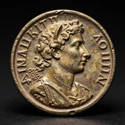 ancient roman coin with a shiba inu and some latin writing