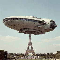 giant monolithic Giger-esque spaceship hovering above Paris in 1905, vintage photograph, restored colors