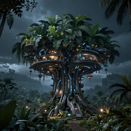 ultra realistic and intricate detailed giant tropical tech treehouse on the middle of the tropical paradise, night, high technology, innovation, Dark evil style, artstation, unreal render, depth of field, ambient lighting, award winning, stunning