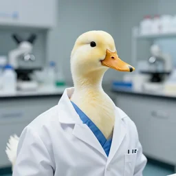a duck wearing a labcoat, lab in the background, high resolution, 4k