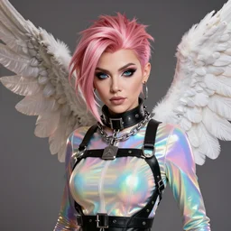 portrait bust digital artwork of tracer overwatch, wearing iridescent rainbow latex and leather straps catsuit outfit, makeup, in style of mark arian, angel wings, wearing detailed leather collar, chains, black leather harness, detailed face and eyes,