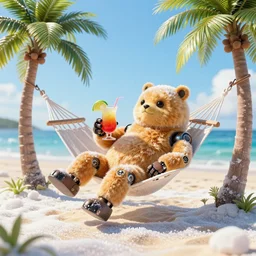 a life sized hybrid ( robot ) ( gummi bear ), reclining on a hammock between palm trees, drinking a mai tai, at the beach, a beach made from sugar instead of sand. dof. bokeh. by boris vallejo. sharp focus, highly detailed 8 k. superior quality. lifelike. magical lighting, digital art.