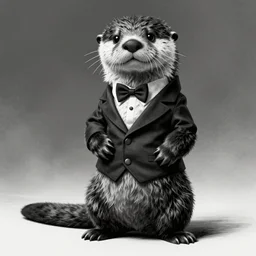 anthropomorphic masculine otter in costume, juanjo guarnido, concept art, highly detailed, eddotorial illustration, b & w, noir