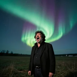 bob ross screaming at beautiful aurora in sky