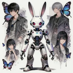 concept art of a bunny cybernetic robot rabbit protagonist. bunny robot cyborg extremely detailed in inricate, iconic character, gapmoe yandere grimdark, butterfly trending on pixiv fanbox, painted by greg rutkowski makoto shinkai takashi takeuchi, akihiko yoshida