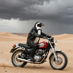 A penguin wearing a leather jacket and sunglasses riding a motorcycle in the desert with stormy weather