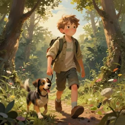 storybook of a boy and his dog going on zany adventures, detailed illustrations