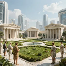 A geometric verdant classical garden based on the architecture of carlo scarpa in a future megacity, large travertine temples, roman senators in the foreground, sci-fi, light blue sky with clouds, style of syd mead, 4k museum photograph, octane render, photorealistic, hyperrealism