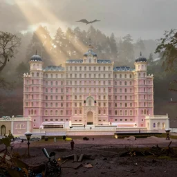 The Grand Budapest Hotel in the woods, lost place photo, sunrays, mystic, mist, volumetric lights, wilderness, dirt, dramatic, cinematic, 8K, award winning photo
