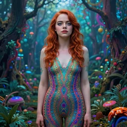 surreal Emma Stone covered in chromatic distortions standing in mysterious place, beautiful, psychedelic, lsd, trending on artstation, artwork by Hughes, Edward Robert