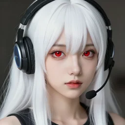 white long hair red eyed young cute girl wearing a headset | | very very anime!!!, fine - face, audrey plaza, realistic shaded perfect face, fine details. anime. realistic shaded lighting poster by ilya kuvshinov katsuhiro otomo ghost - in - the - shell, magali villeneuve, artgerm, jeremy lipkin and michael garmash and rob rey