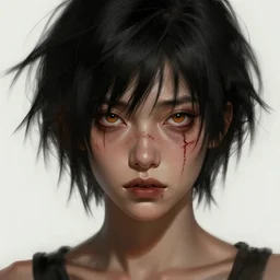 scared woman with short, spiky black hair and dark skin, slanted amber eyes, long thin scar on her face. highly detailed, digital painting, artstation, concept art, sharp focus, beautiful face, expressive eyes, illustration, art by Artgerm and greg rutkowski and alphonse mucha