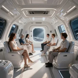 Friends aboard a spaceship, sleek white metal interior with neon lights