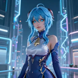 A beautiful Waifu with blue hair and glowing eyes wanders, hyperrealistic, cyber universe, glass buildings, volumetric lightning, reflections, octane render 8K