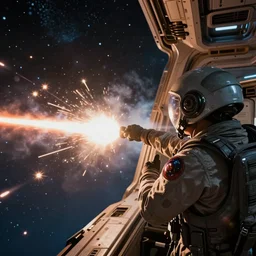 ultra wide angle very closeup view of a pilot in a futuristic sci - fi space ship, intense space laser battle, stunning, dramatic, detailed, hyperrealistic photography
