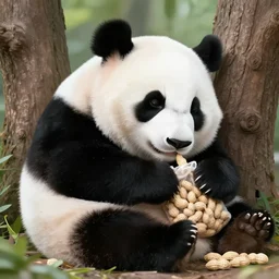 a cute panda sleeping under some trees, holding a bag of peanuts, realistic, detailed