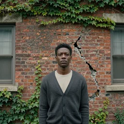 a cinematic view of a black haired man wearing a cardigan standing in front of an old brick home that is covered in ivy and has cracks in the brick by antoine blanchard
