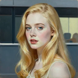 Painting of Elle Fanning in a 60s ad, long blonde hair, delicate, pale milky white porcelain skin, by Edward Hopper. 8K. Extremely detailed.