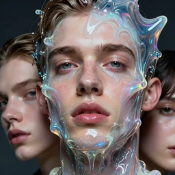 postmodernist close up of gorgeous hyperrealistic male face melts! like iridescent ice cream, digital art masterpiece, highly detailed neo pop surrealism, jason limon kay sage hannah yata, dramatic lighting, low angle, uhd 8 k, sharp focus
