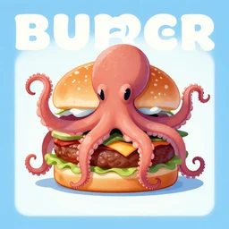 digital illustration poster, octopus inside a hamburger