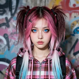highly detailed portrait of a sewer punk young adult lady, blue eyes, tartan hoody, ringlet hair by atey ghailan, by greg rutkowski, by greg tocchini, by james gilleard, by joe fenton, by kaethe butcher, gradient pink, brown, light blue and white color scheme, grunge aesthetic!!! ( ( graffiti tag wall background ) )