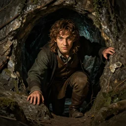 A portrait painting of a hobbit rogue sneaking in a cavern, DAZ, hyperrealistic, ambient light, dynamic light