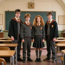 harry, ron and hermione wearing school uniform standing in a classroom next to a window, tumblr, naive art, full body, stylish, photo by james baynes